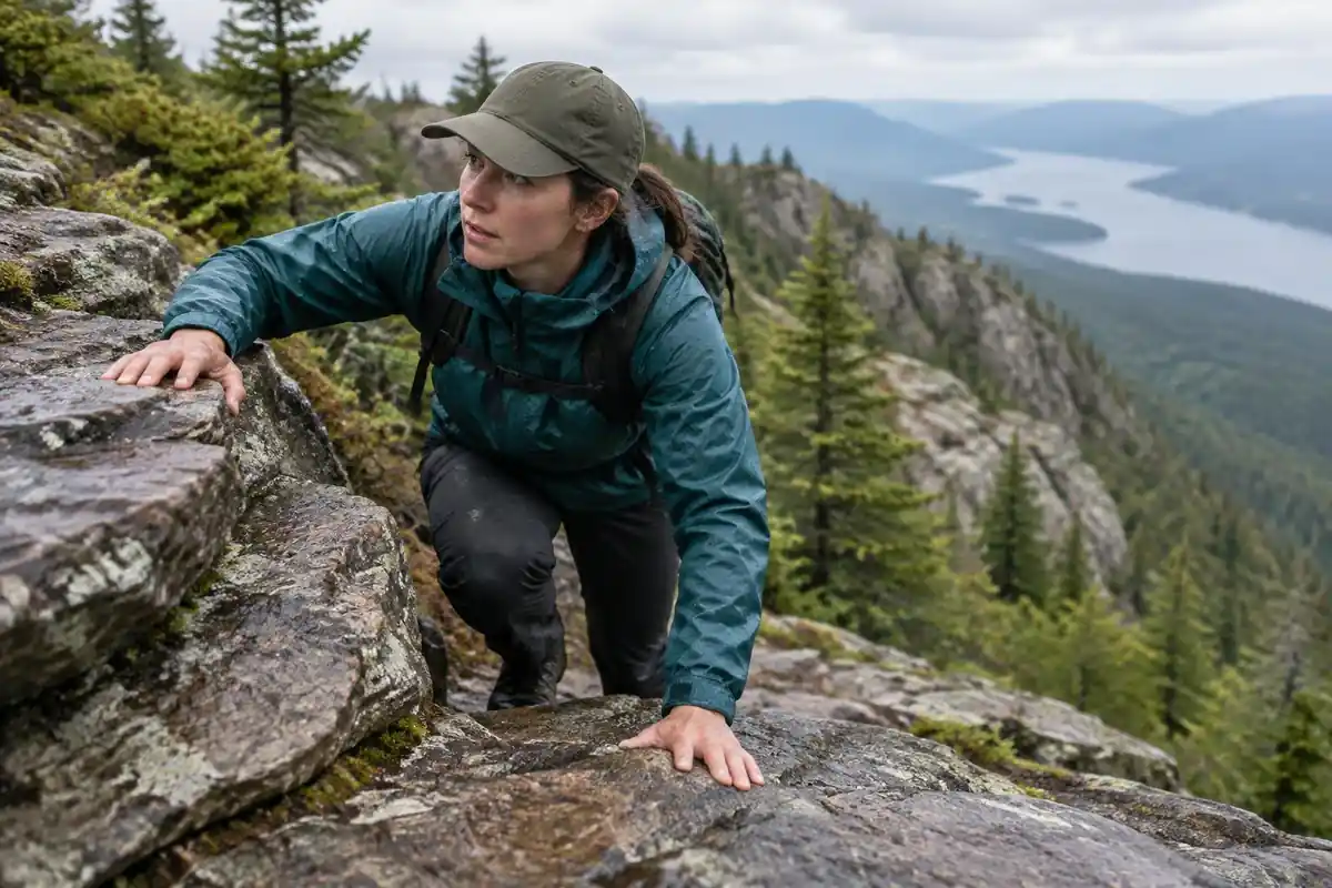 Woman scrambling over a rough rock step on a fell ridge in a waterproof jacket