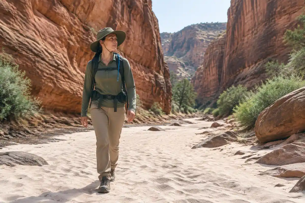 Hiker in wide-brim hat walking a sandy dry creekbed between red cliffs