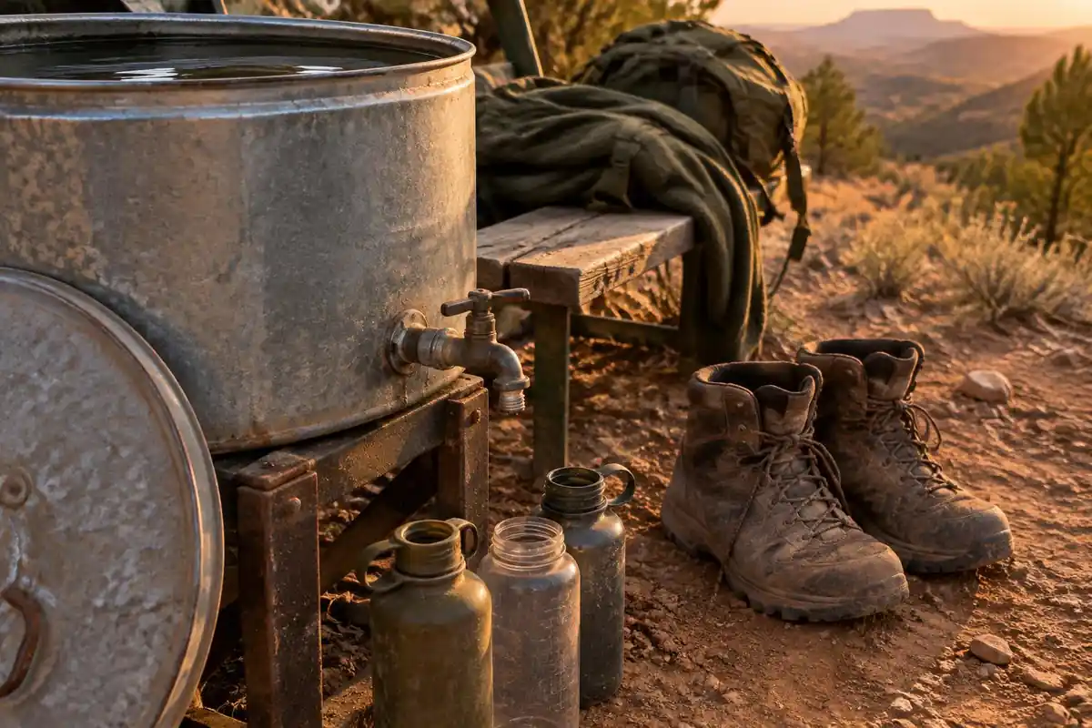 Water tank with a tap beside empty bottles and dusty boots at a remote camp