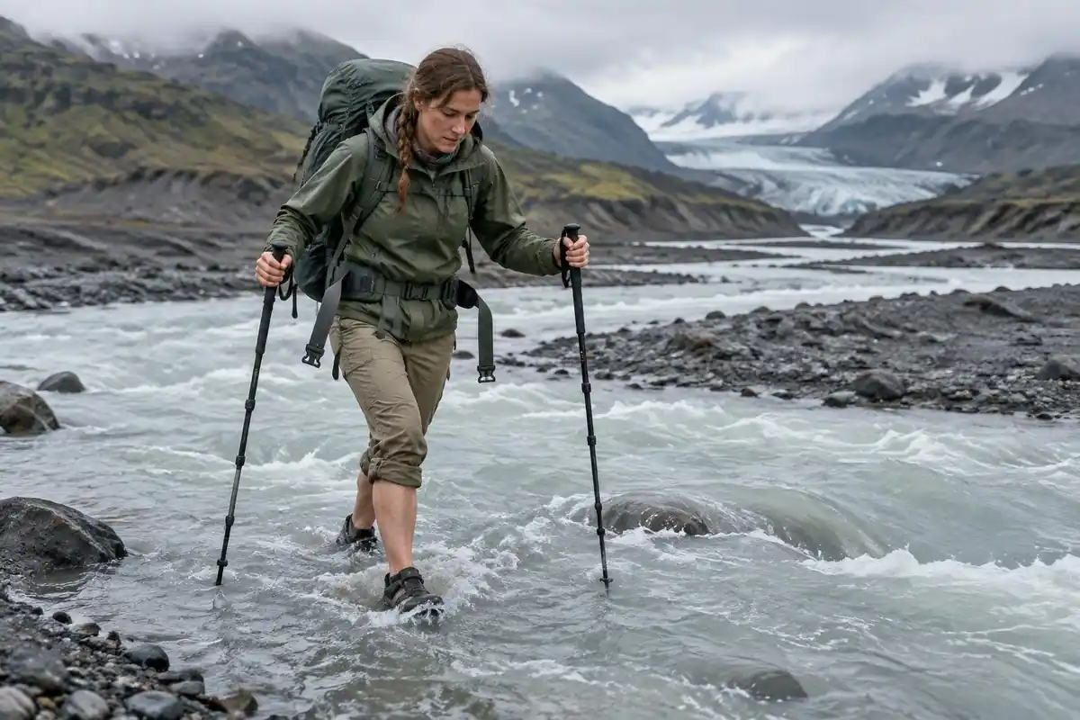 Hiker in sandals and dry-bag pack crossing a wide braided glacial river with poles