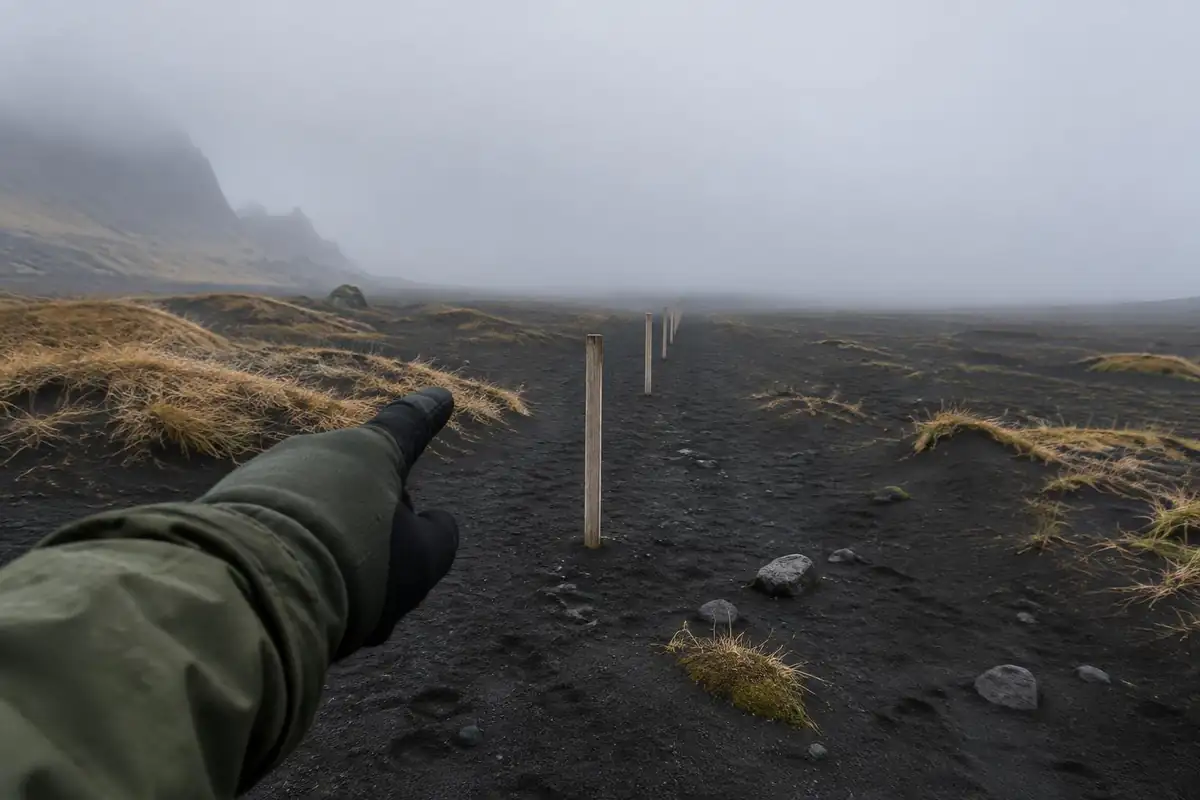 Yellow marker poles fading into fog across black gravel plain