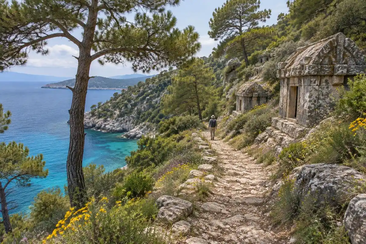 Rocky coastal path through pines above a turquoise sea past ancient stone tombs