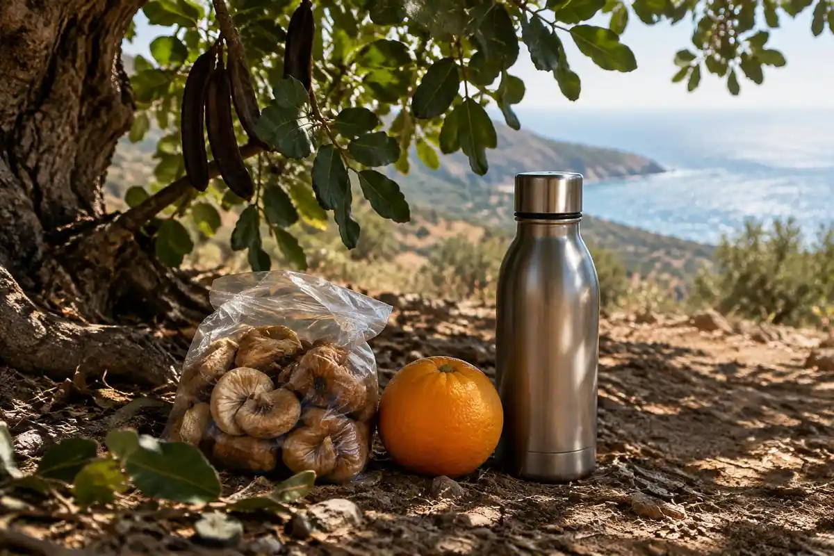 Dried figs, an orange and a metal bottle in the shade of a carob tree