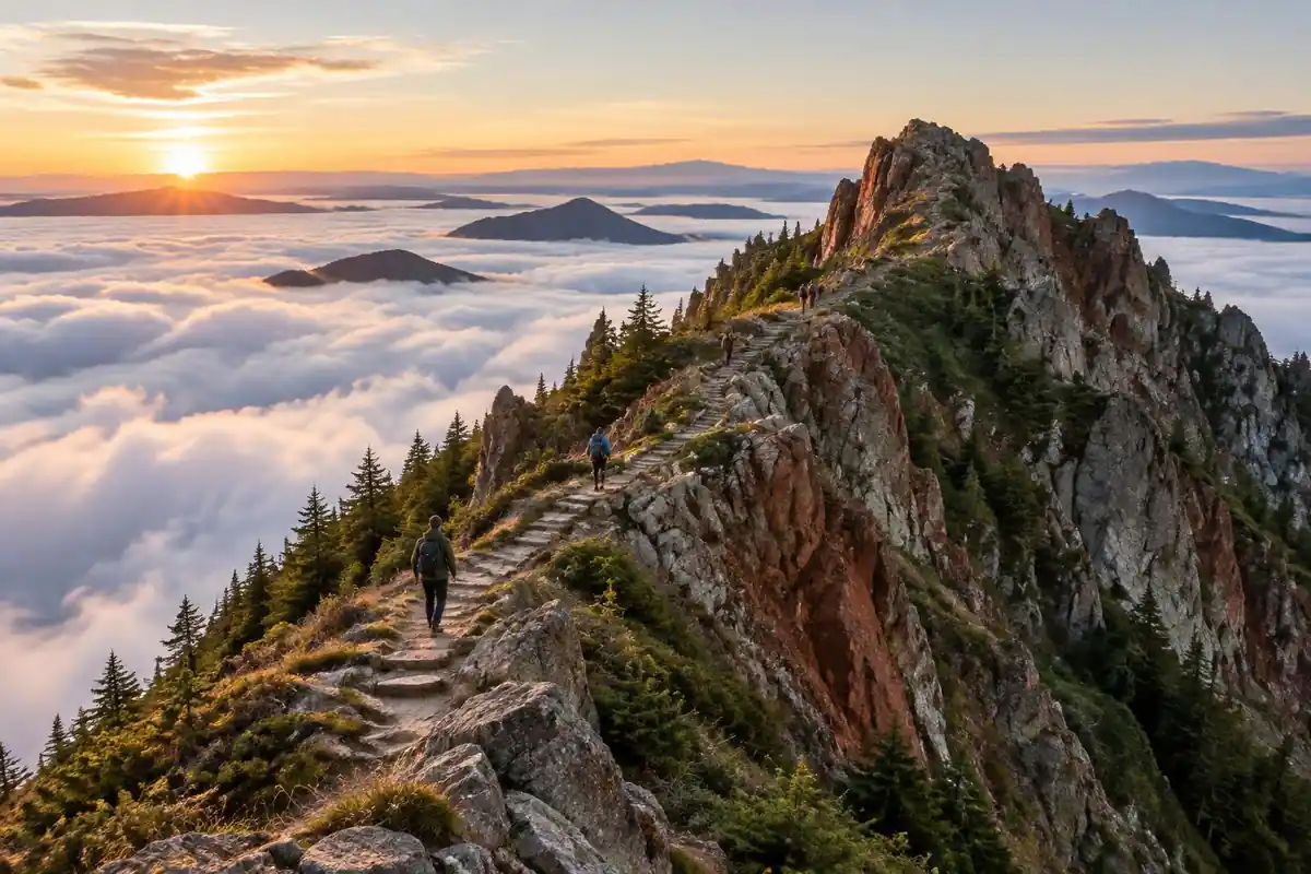 Jagged red and grey rock ridge with a stepped path above a sea of cloud