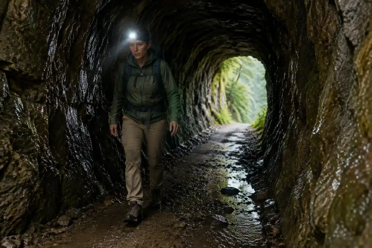 Hiker with a headtorch walking through a dark wet tunnel cut into a cliff