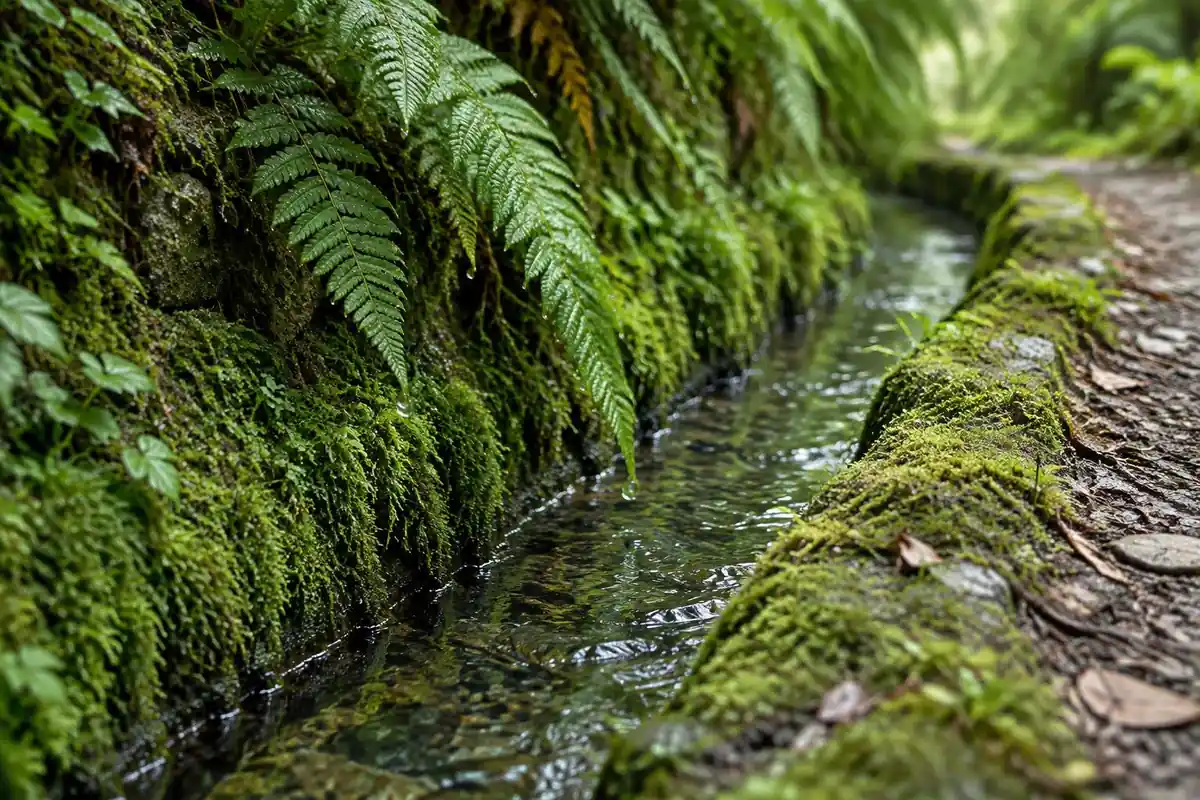 Small irrigation channel of clear water beside a mossy path with hanging ferns
