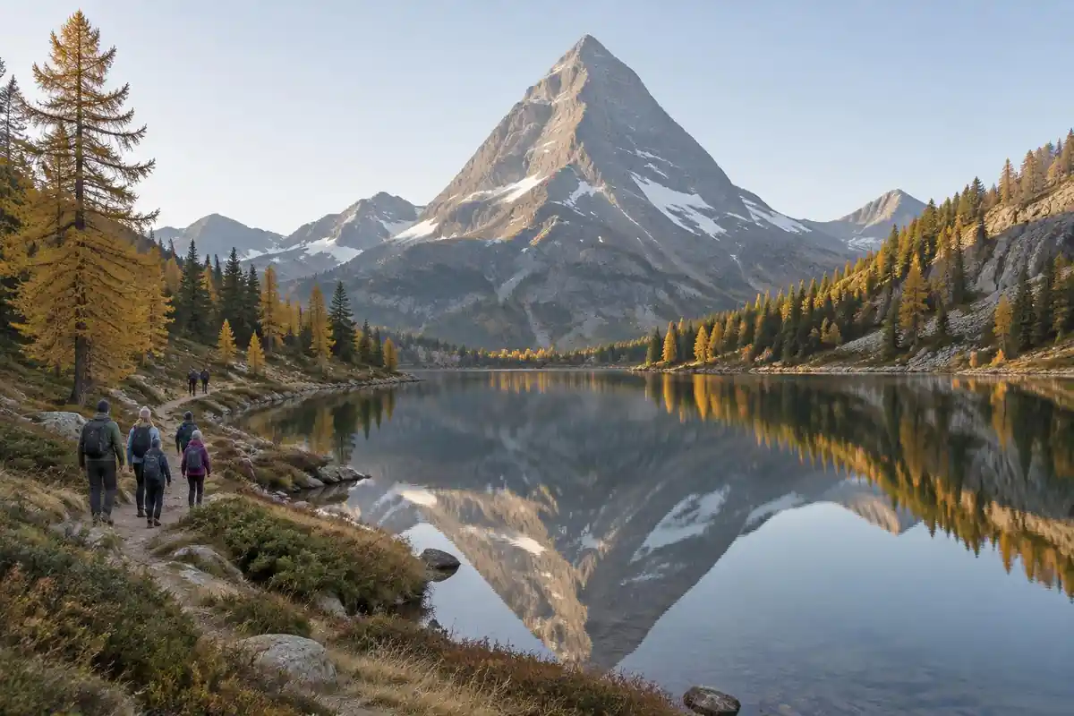 Still mountain lake reflecting a huge pyramid peak with larches and a family picnic