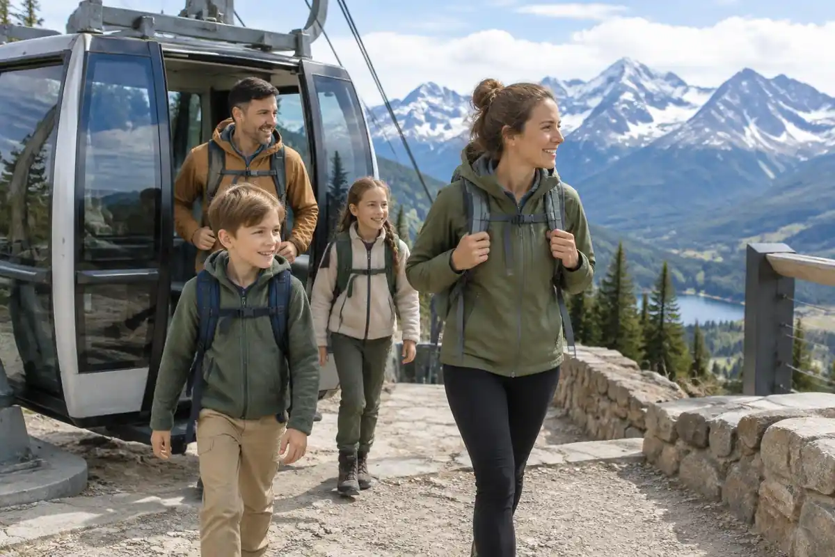 Family stepping off a mountain cable car onto a stone platform with small packs