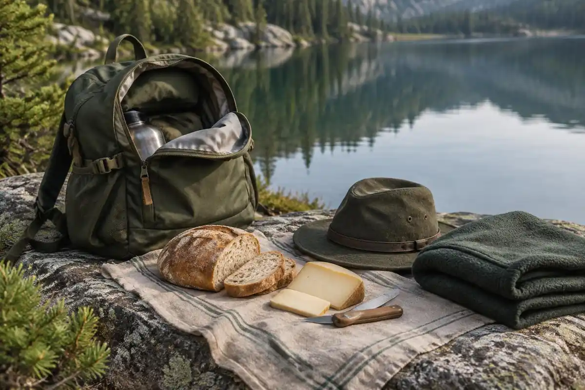 Small pack open on a rock lakeside with lunch, hat and fleece