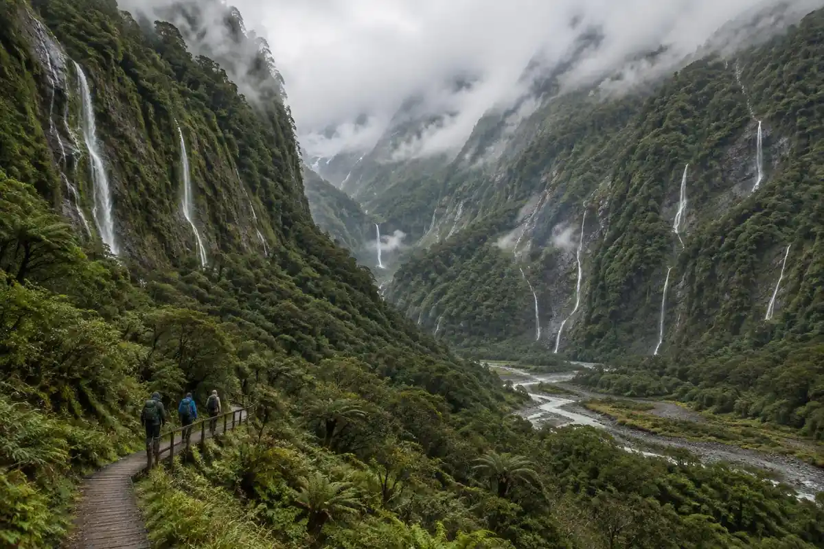 Rainforest valley with waterfalls streaming off steep green walls in mist