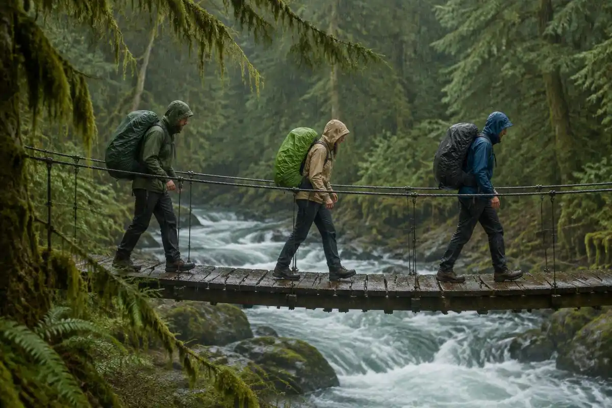 Hikers in rain gear crossing a swing bridge across a milky river