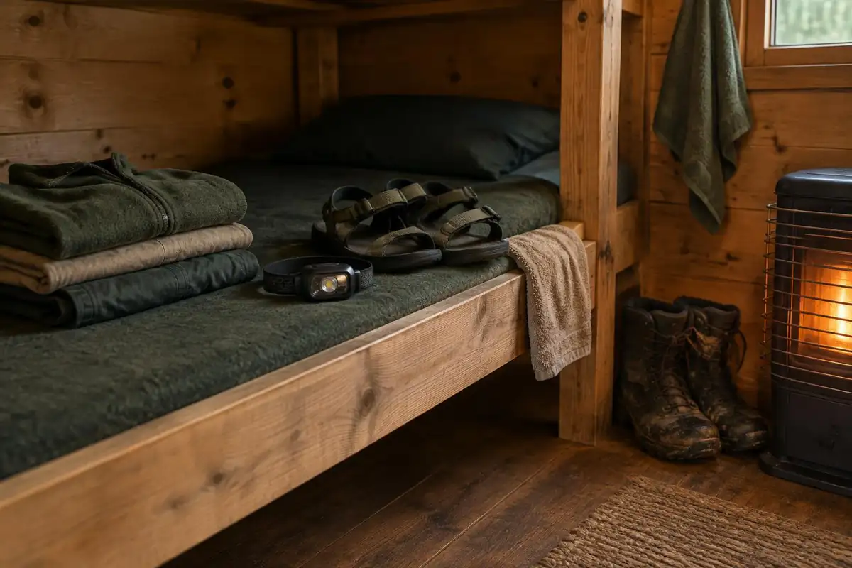 Dry clothes and slippers laid on a wooden bunk in a rustic hut