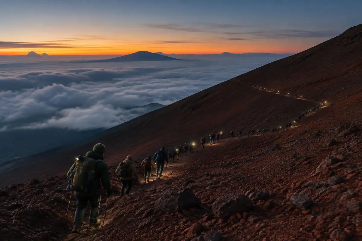 Rust-red volcanic switchbacks above cloud with a line of climbers at first light