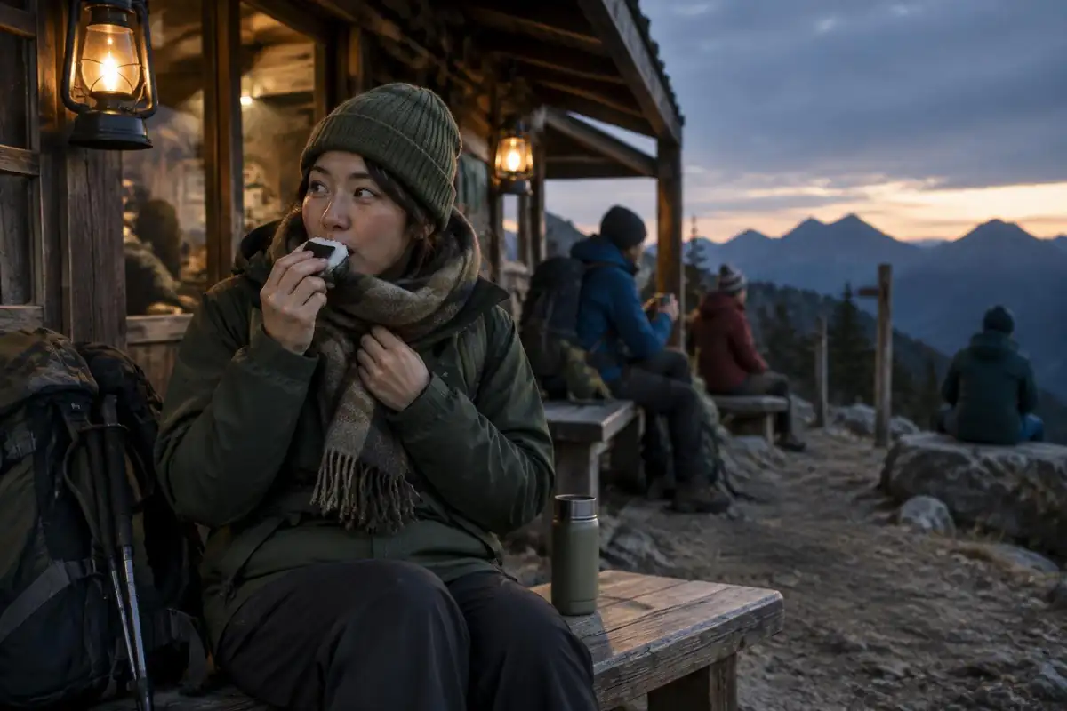 Hiker on a hut bench eating a rice ball at night with lanterns glowing