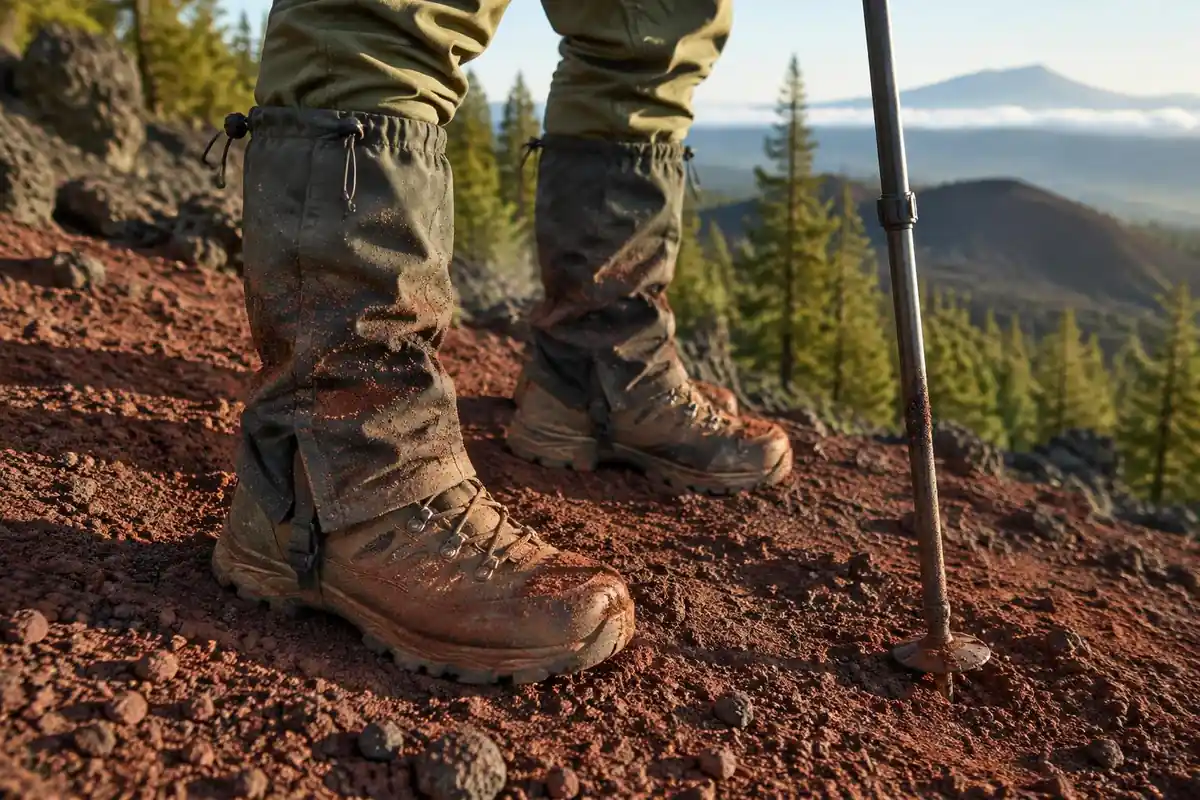 Boots and gaiters powdered with red volcanic ash beside a pole tip in cinder