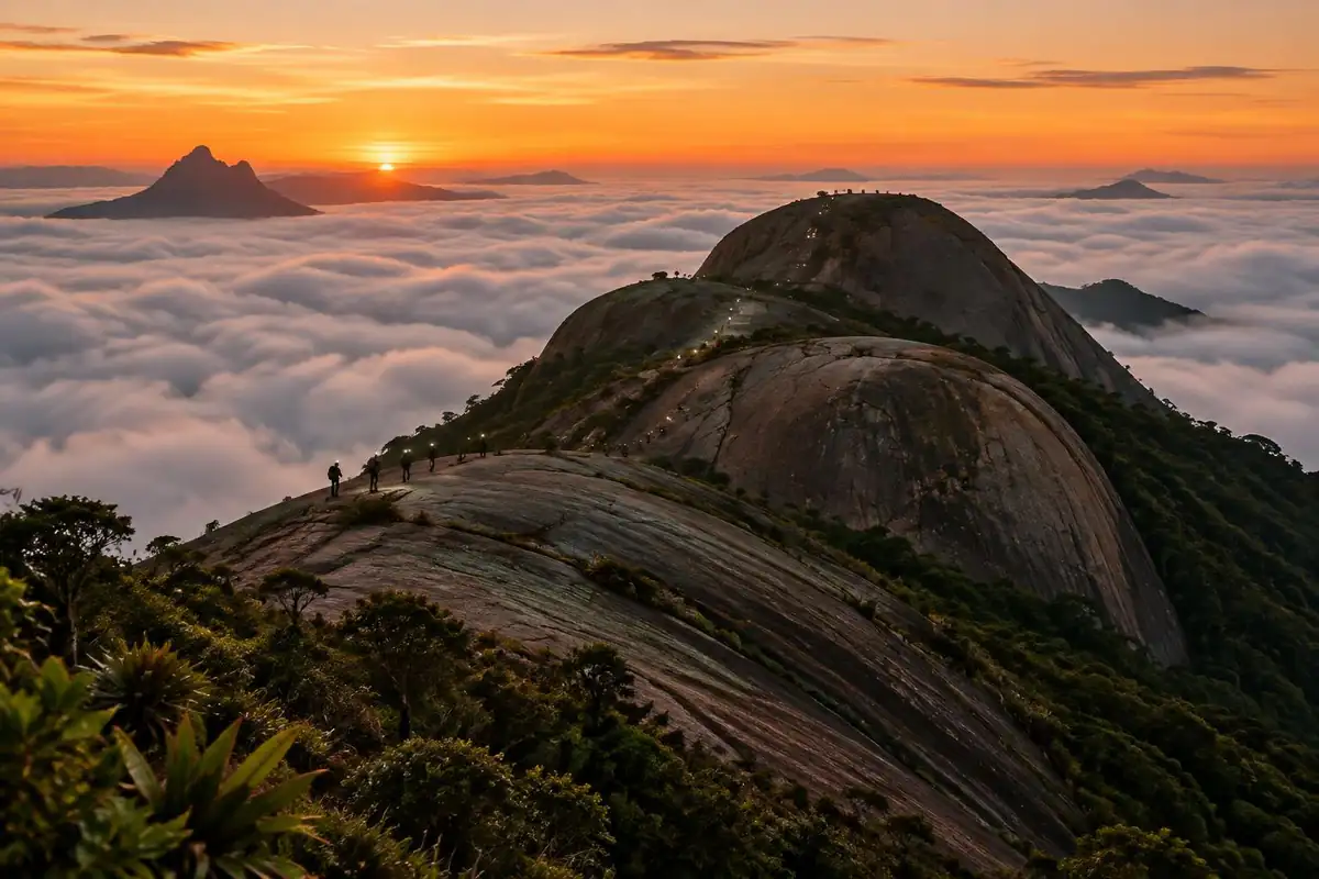 Bare granite dome above a sea of cloud at dawn with headlamps on the slabs