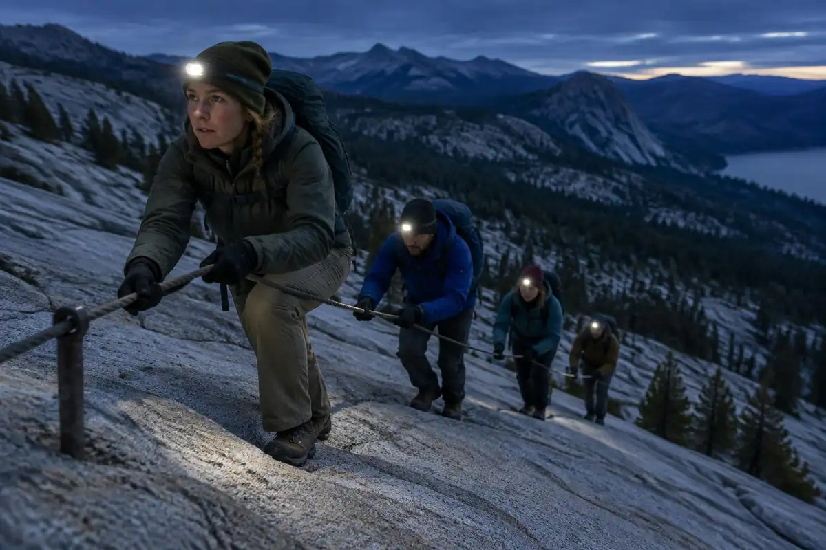 Hikers in single file pulling up a fixed rope line over pale granite slabs at pre-dawn