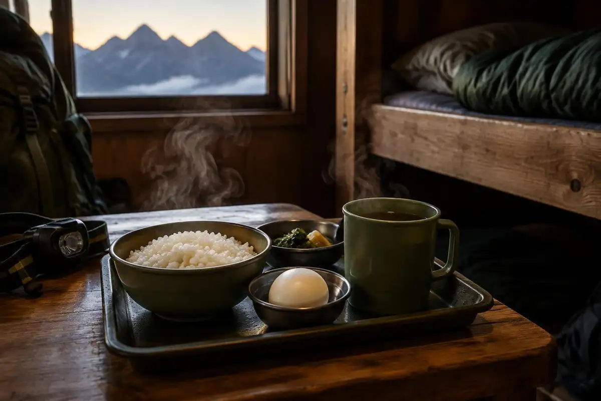 Hut breakfast tray with rice, boiled egg and mug beside a headlamp