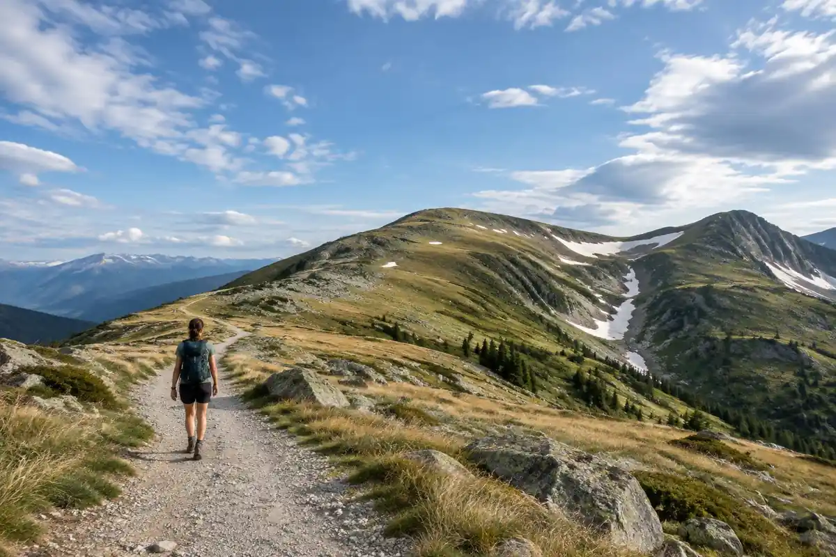 Gentle rounded alpine ridge of tussock and boulders with snow patches in gullies