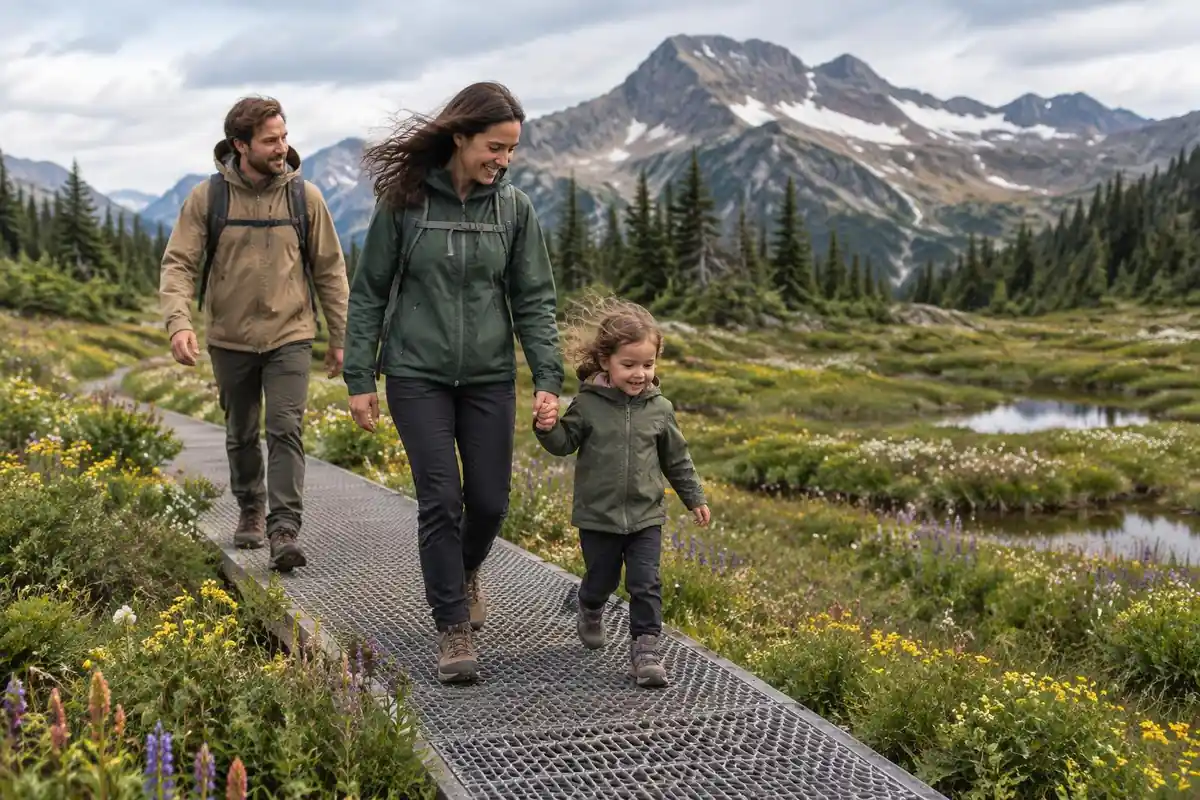 Family with a small child on a raised mesh path across an alpine wildflower meadow