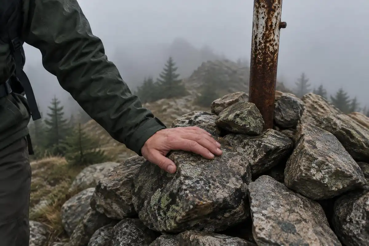 Weather-beaten stone cairn and old pole on a foggy summit with a hand on the rock