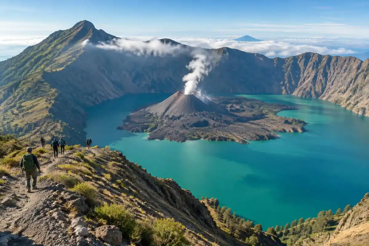 Turquoise caldera lake with a small steaming cone and trekkers on the rim