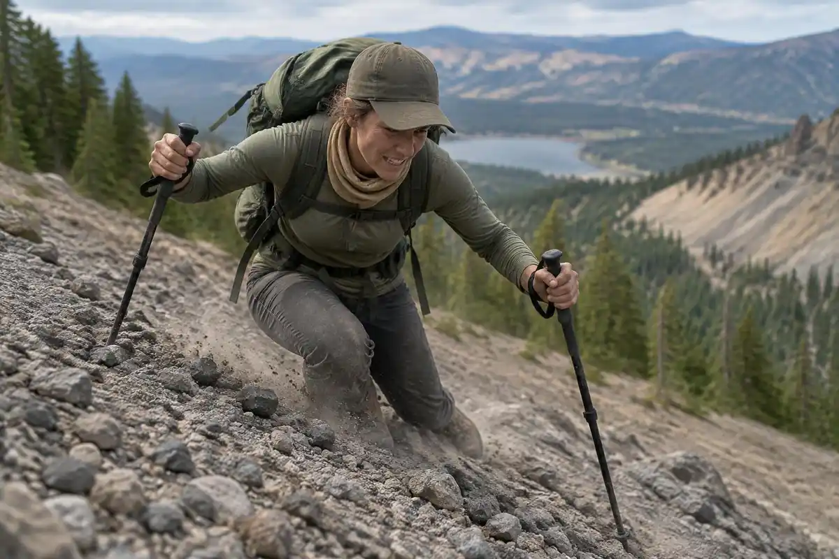 Trekker pushing up loose grey volcanic scree with poles, dust rising