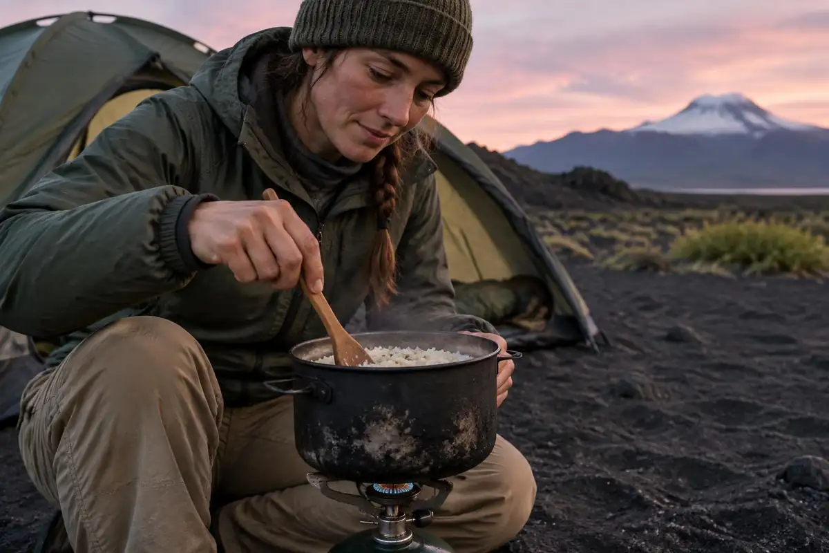 Cook stirring rice over a small burner outside a dome tent on volcanic sand