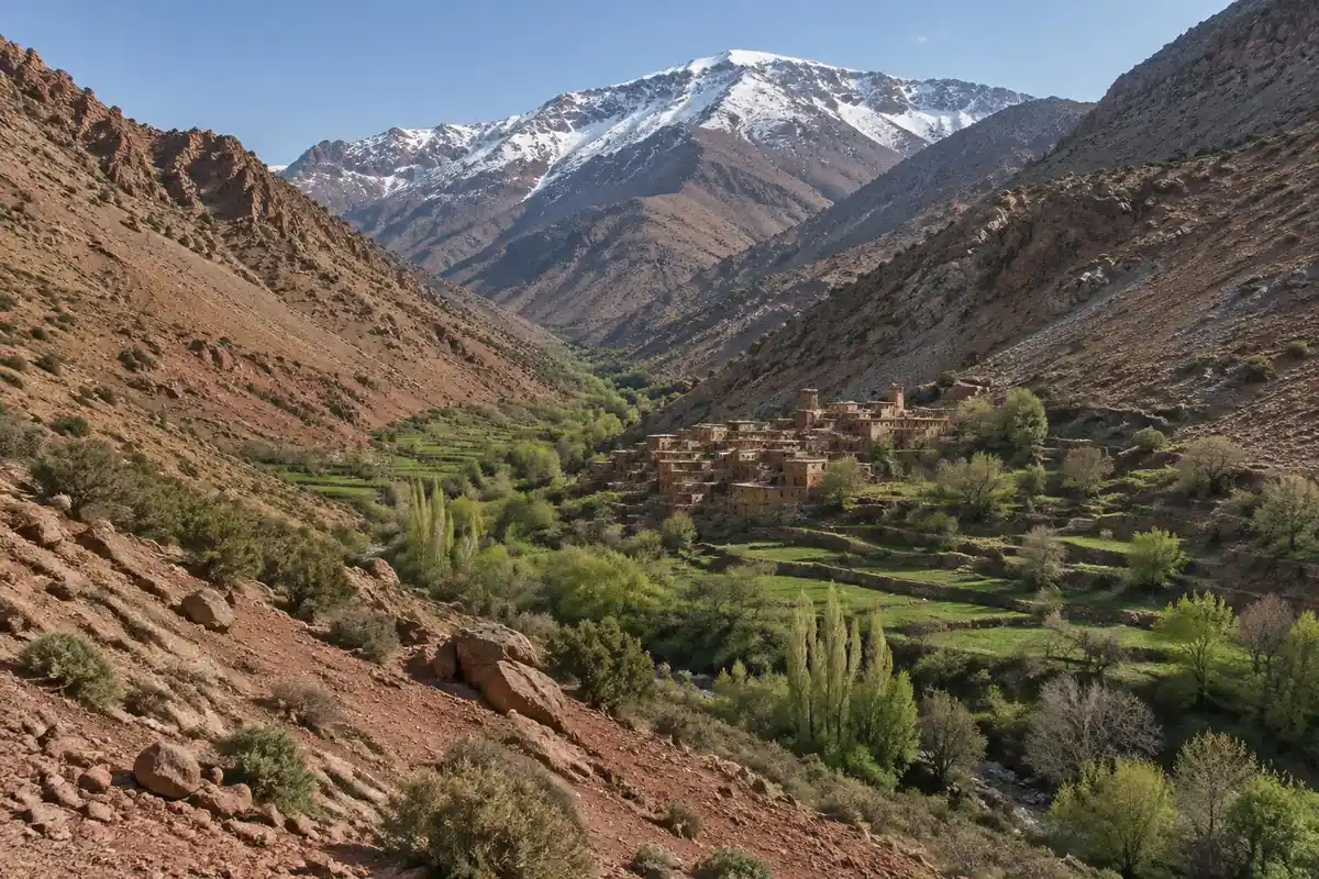 Dry terracotta valley with a mud-brick village and snowy ridge above