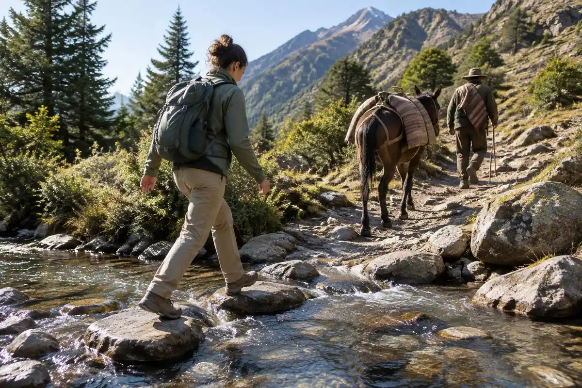 Hiker stepping across a shallow stream on stones behind a guide and mule