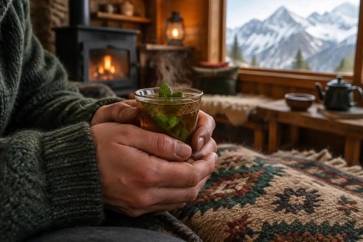 Cold hands around a glass of mint tea on a woven rug at a mountain refuge