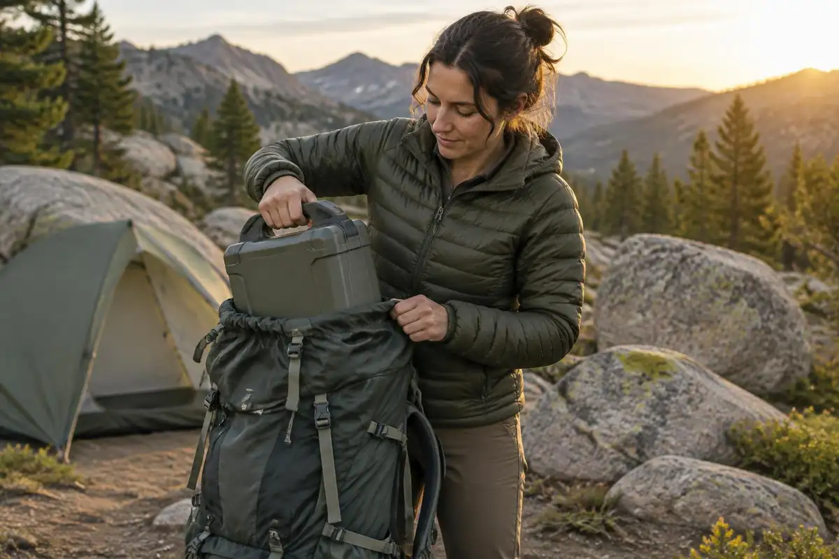 Hiker sliding a hard-sided food canister into a pack at a rocky camp