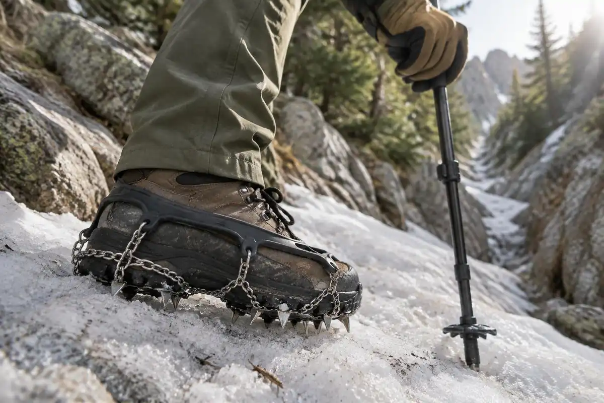 Boot and microspikes on a steep icy granite gully edge, one glove on ice axe