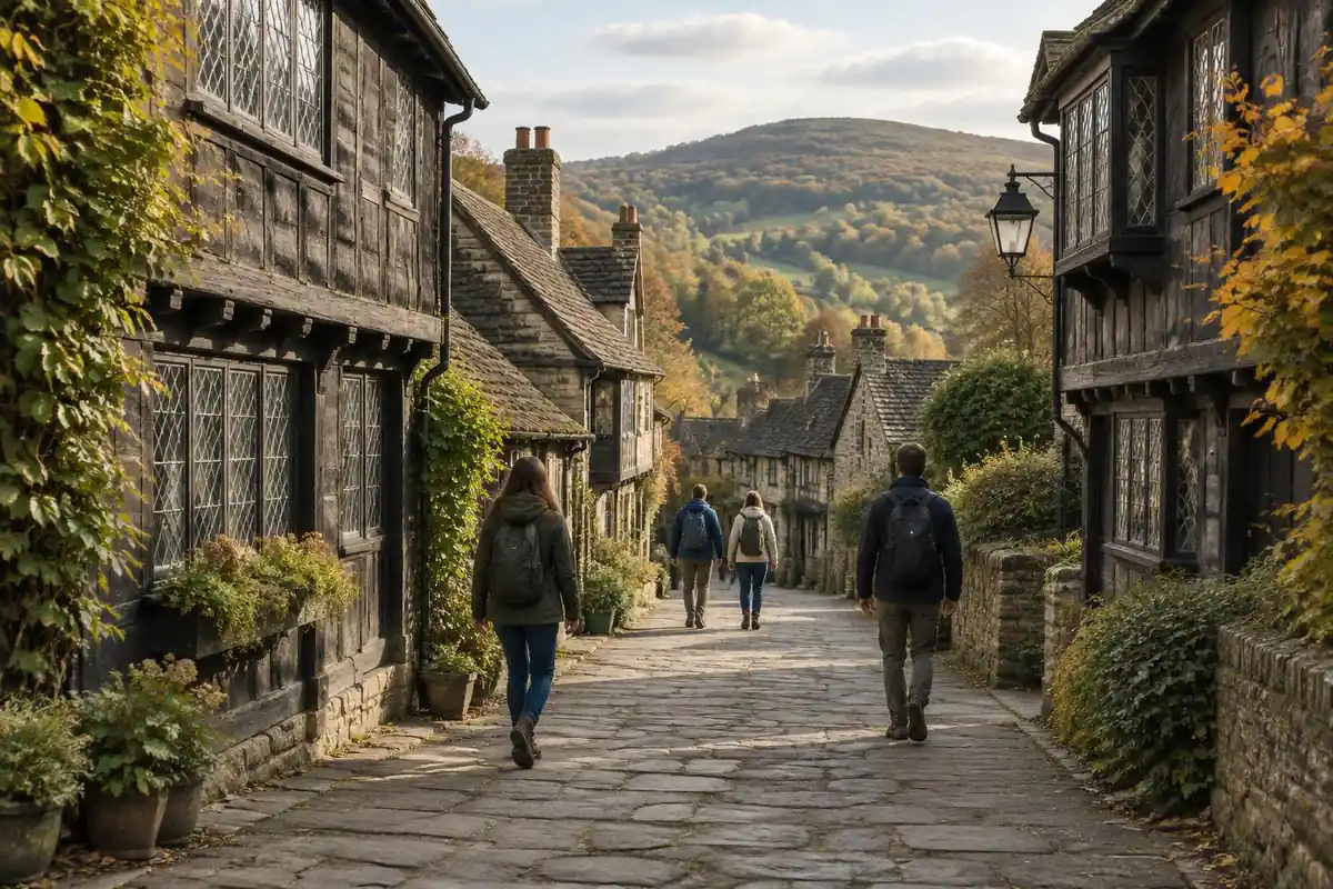 Old timber post-town lane with lattice windows and walkers with small packs
