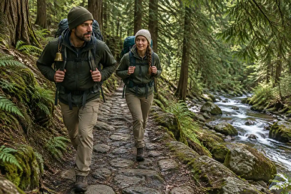 Couple walking an old cobbled forest path beside a stream with a bell on a pack