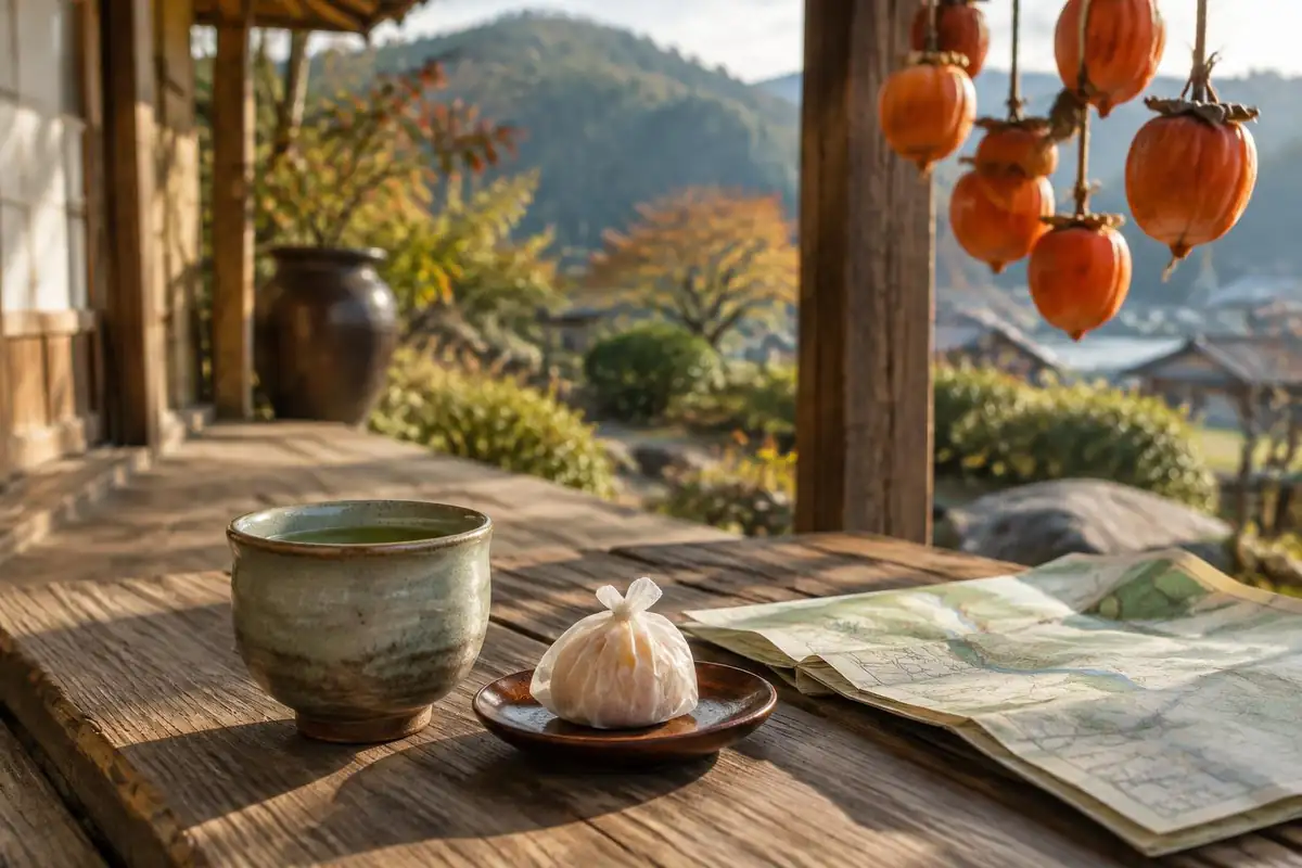 Ceramic teacup, wrapped sweet and folded map on a wooden veranda with persimmons