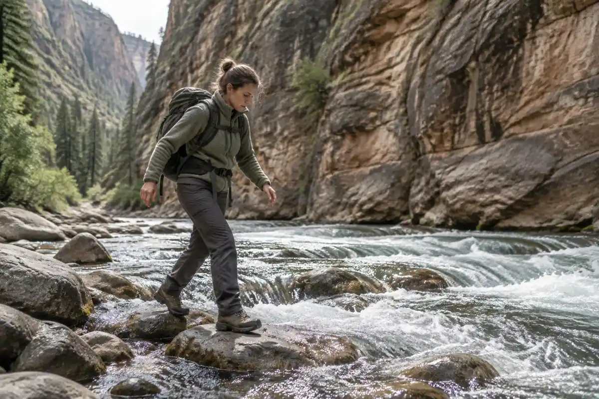 Hiker in fleece crossing a river ford beneath tall limestone canyon walls