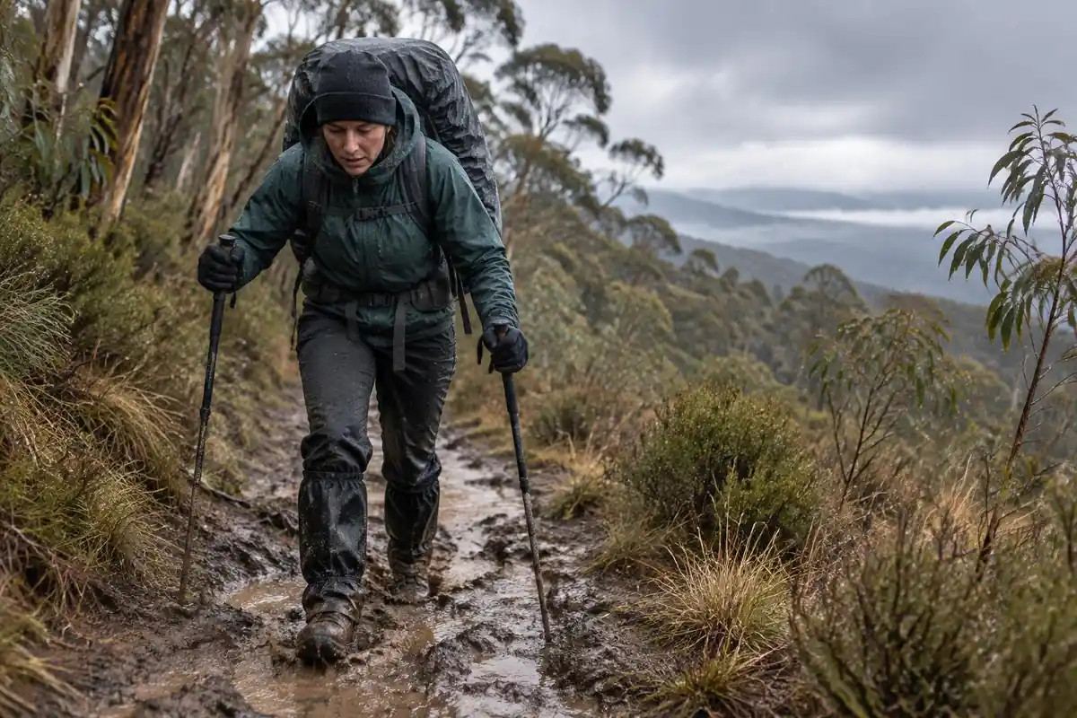 Hiker in gaiters slogging through a muddy track with a heavy pack under sleet cloud