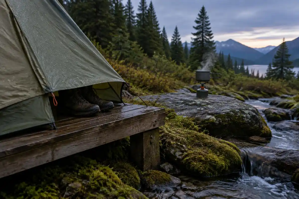 Tent on a timber platform beside a mossy stream with a pot on a stove outside