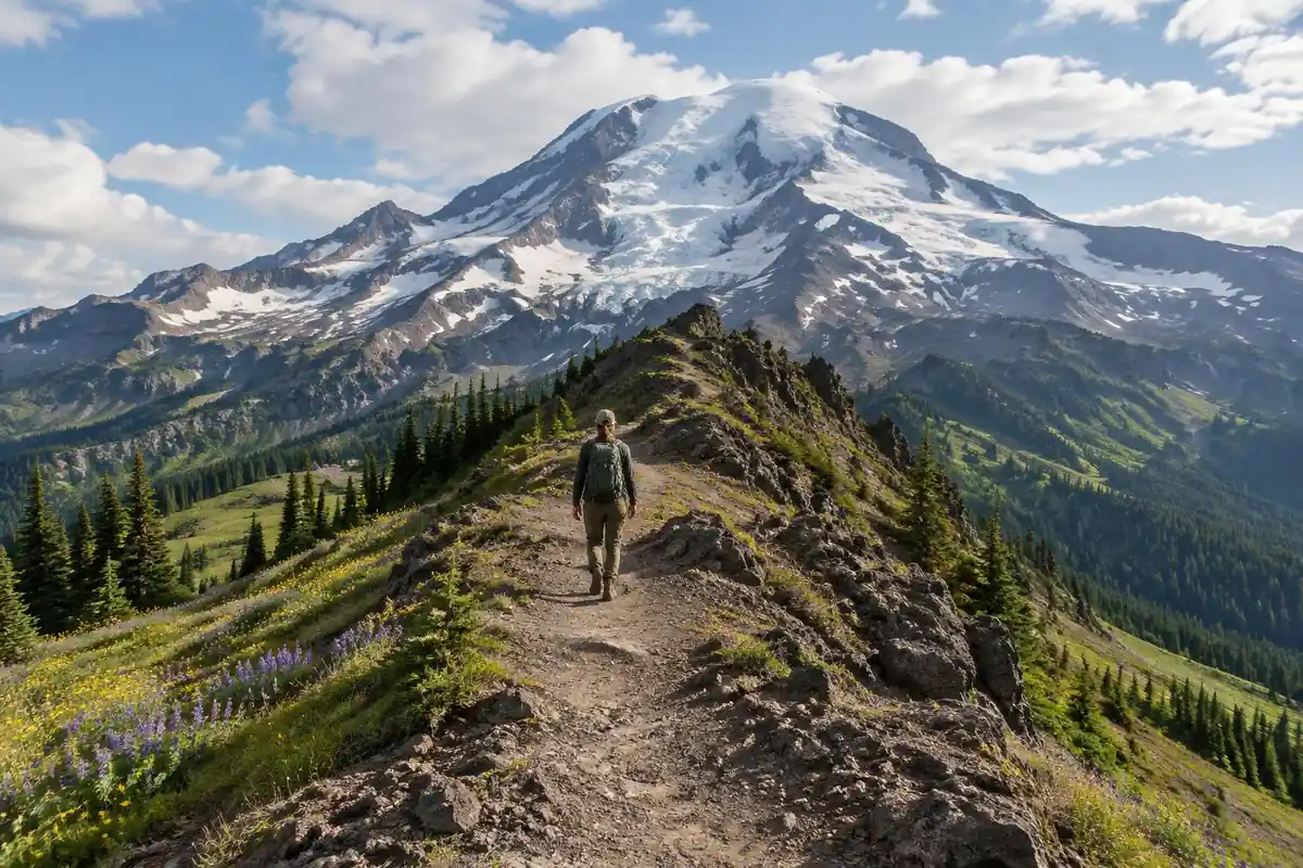 Narrow volcanic ridge trail with a glaciated peak beyond and wildflower meadows below