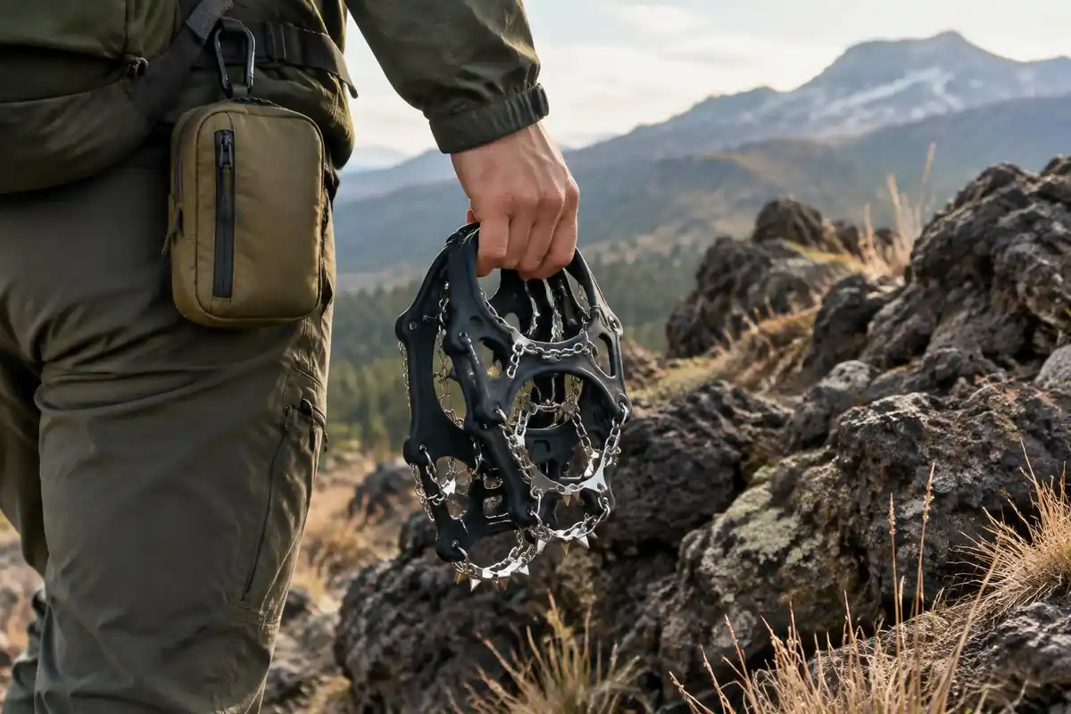 Hand holding traction devices beside crumbly volcanic stones and dry grass