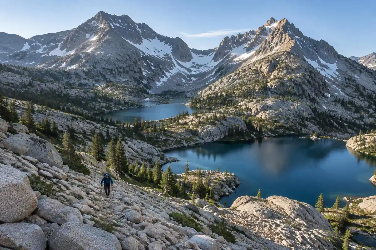 High granite basin with blue lakes below a snowy notch pass and a tiny hiker