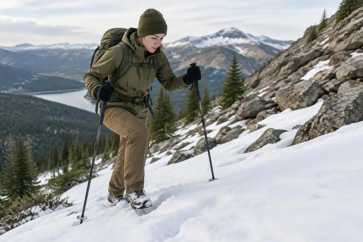 Hiker in beanie and gloves kicking steps in firm morning snow beside talus