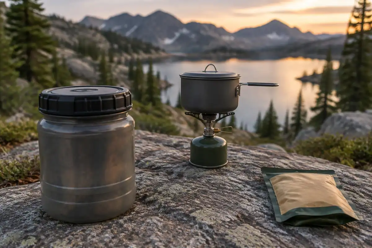 Bear canister on a flat rock set apart from a stove beside an alpine lake