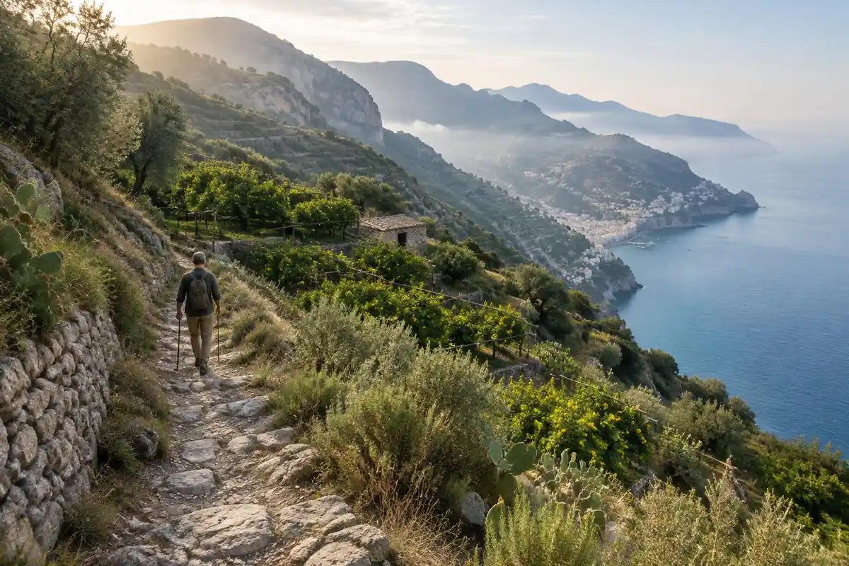 Stony mountainside path high above a blue bay with terraced lemon groves
