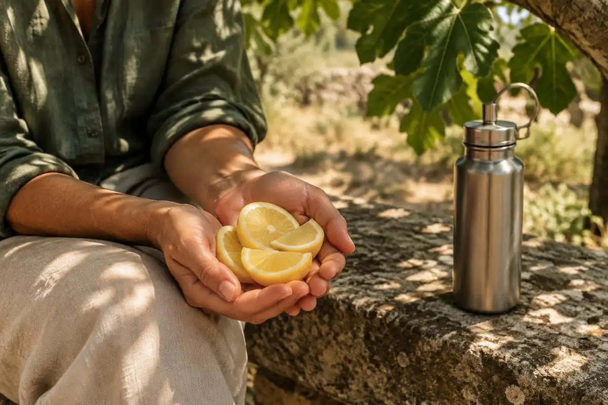 Hands holding fresh lemon slices beside a metal flask on a rough stone bench