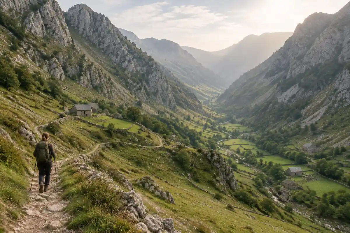 Steep limestone valley with green pasture, stone farmhouses and a mule track