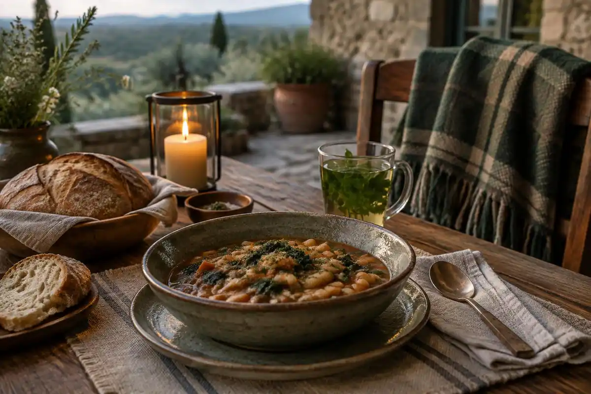 Bean stew, homemade bread and herbal tea on a guesthouse table by candlelight
