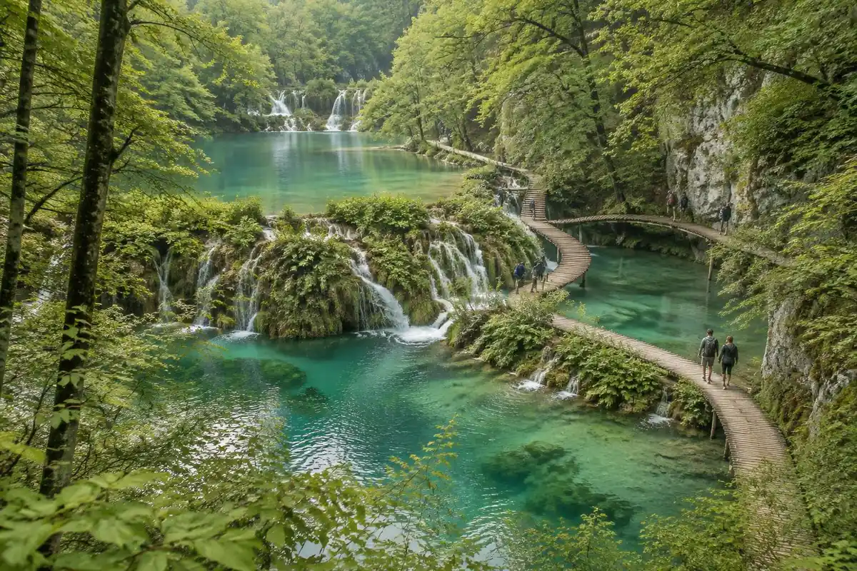 Chain of turquoise lakes with cascades and a wooden boardwalk through beech forest