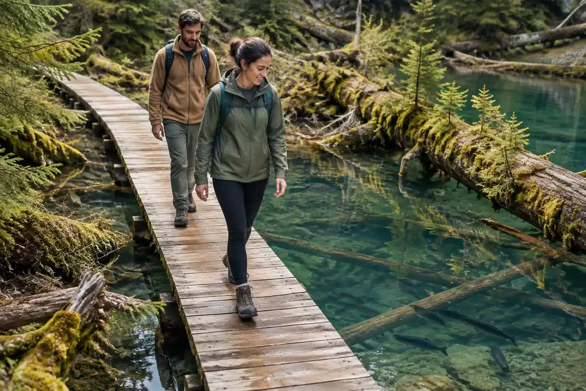 Couple walking a plank boardwalk just above clear water past mossy logs